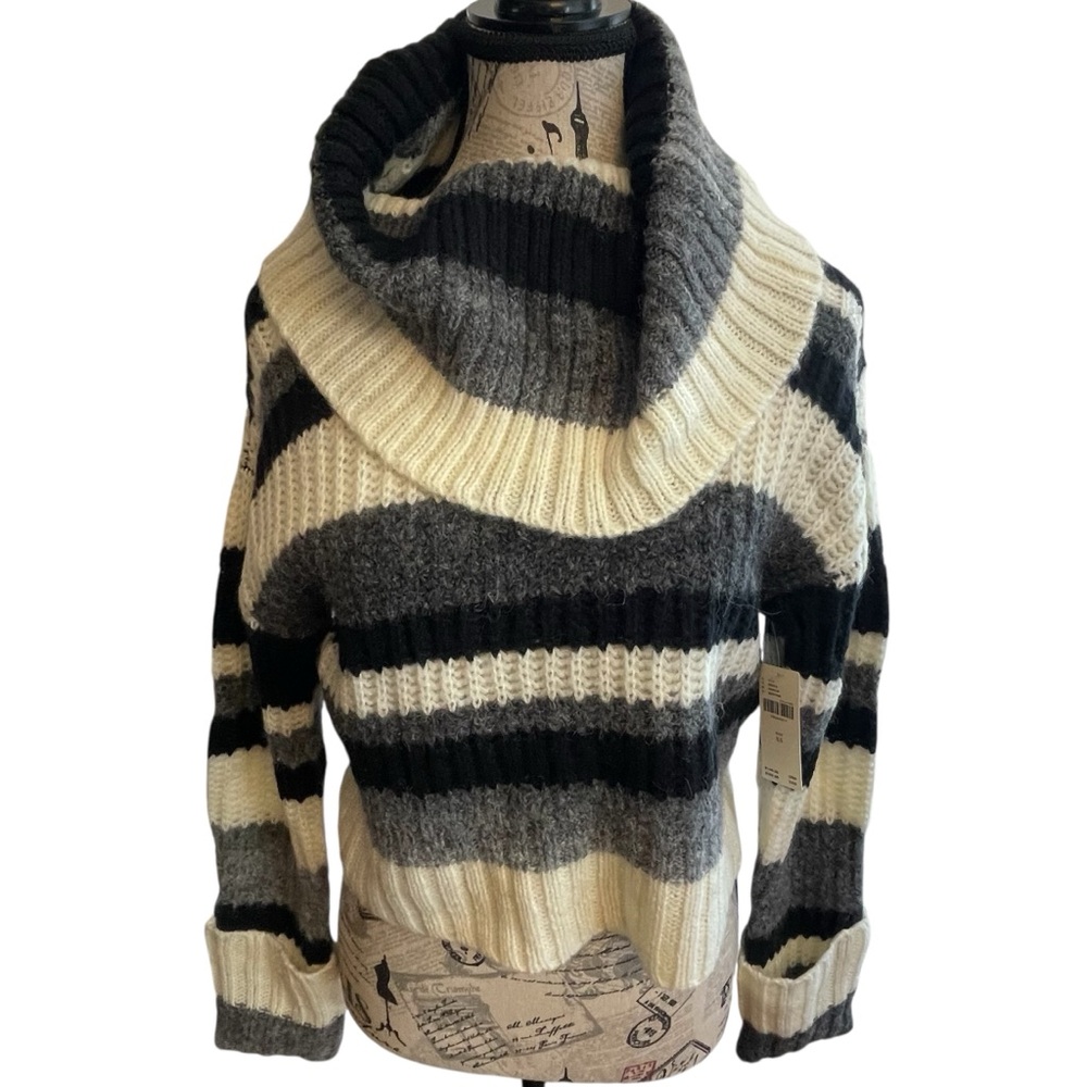 Anthropologie Black and Cream Striped Cowl Neck Sweater - Picture 4 of 11